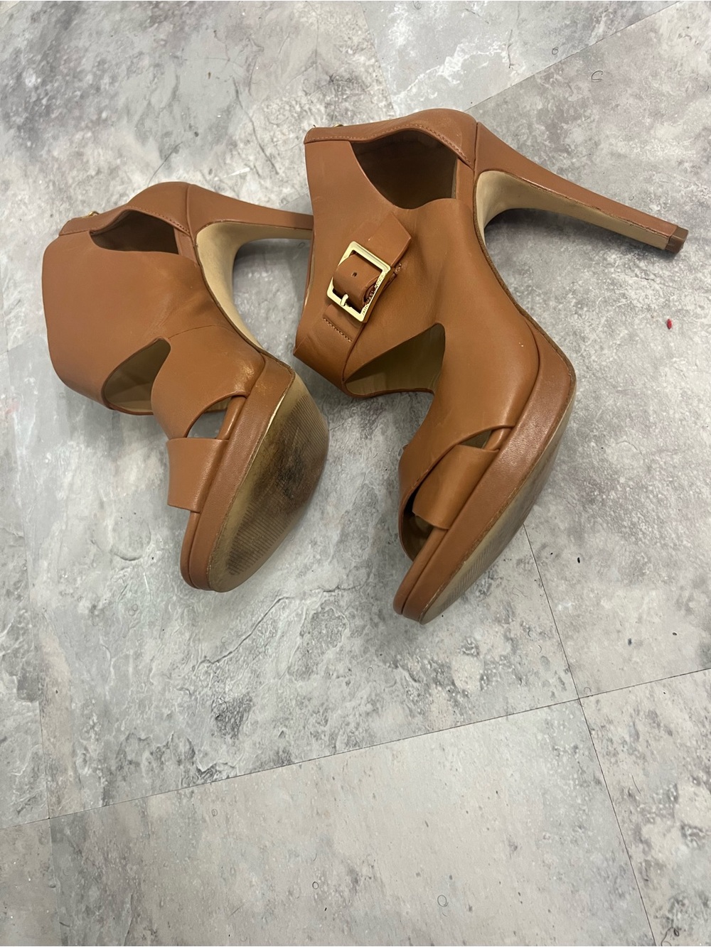 Michael Kors Cognac Leather High Heel Sandal with Buckle - Picture 10 of 11